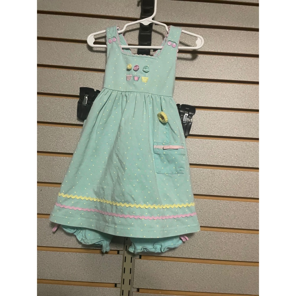 Vintage Le Top Baby‎ Girls Aqua Polka Dot Cupcake Dress Bloomers Hat Set 24M